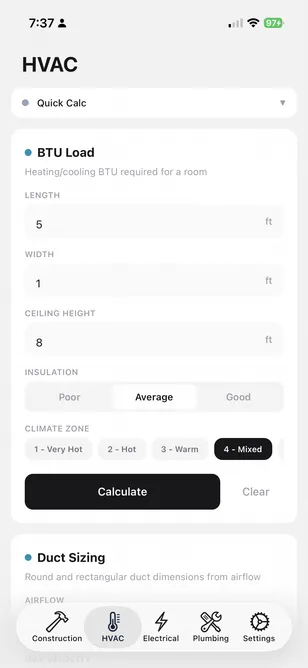 FieldDojo HVAC: BTU Load with length/width/ceiling inputs, Average insulation, climate Zone 4 — Mixed