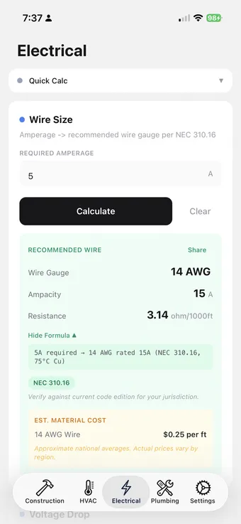 FieldDojo — Electrical trade, Wire Size calculator: 5 A amperage returning 14 AWG with 15 A ampacity, 3.14 Ω/1000 ft, NEC 310.16 cited