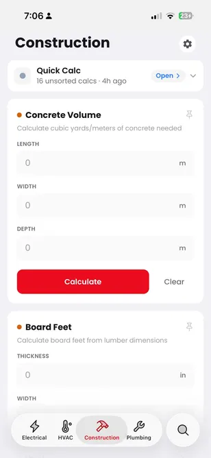 FieldDojo Construction: Concrete Volume calculator with length, width and depth inputs in metres, Board Feet calculator below