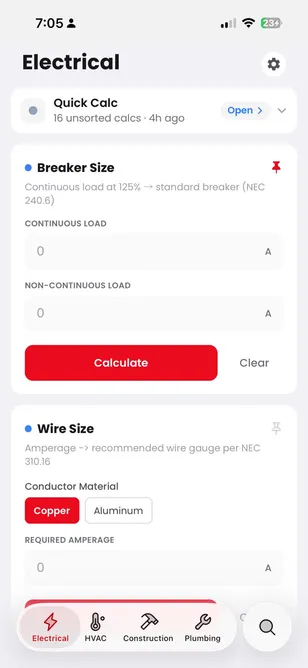 FieldDojo Electrical: Breaker Size calculator citing NEC 240.6, Wire Size calculator with copper/aluminum conductor picker citing NEC 310.16