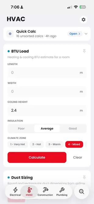 FieldDojo HVAC: BTU Load calculator with room dimensions, insulation picker set to Average and climate Zone 4 — Mixed, Duct Sizing below