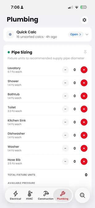 FieldDojo Plumbing: Pipe Sizing calculator with fixture-unit stepper rows — Lavatory 0.7, Shower 1.4, Bathtub 1.4, Toilet 2.2, Kitchen Sink, Dishwasher, Washer, Hose Bib